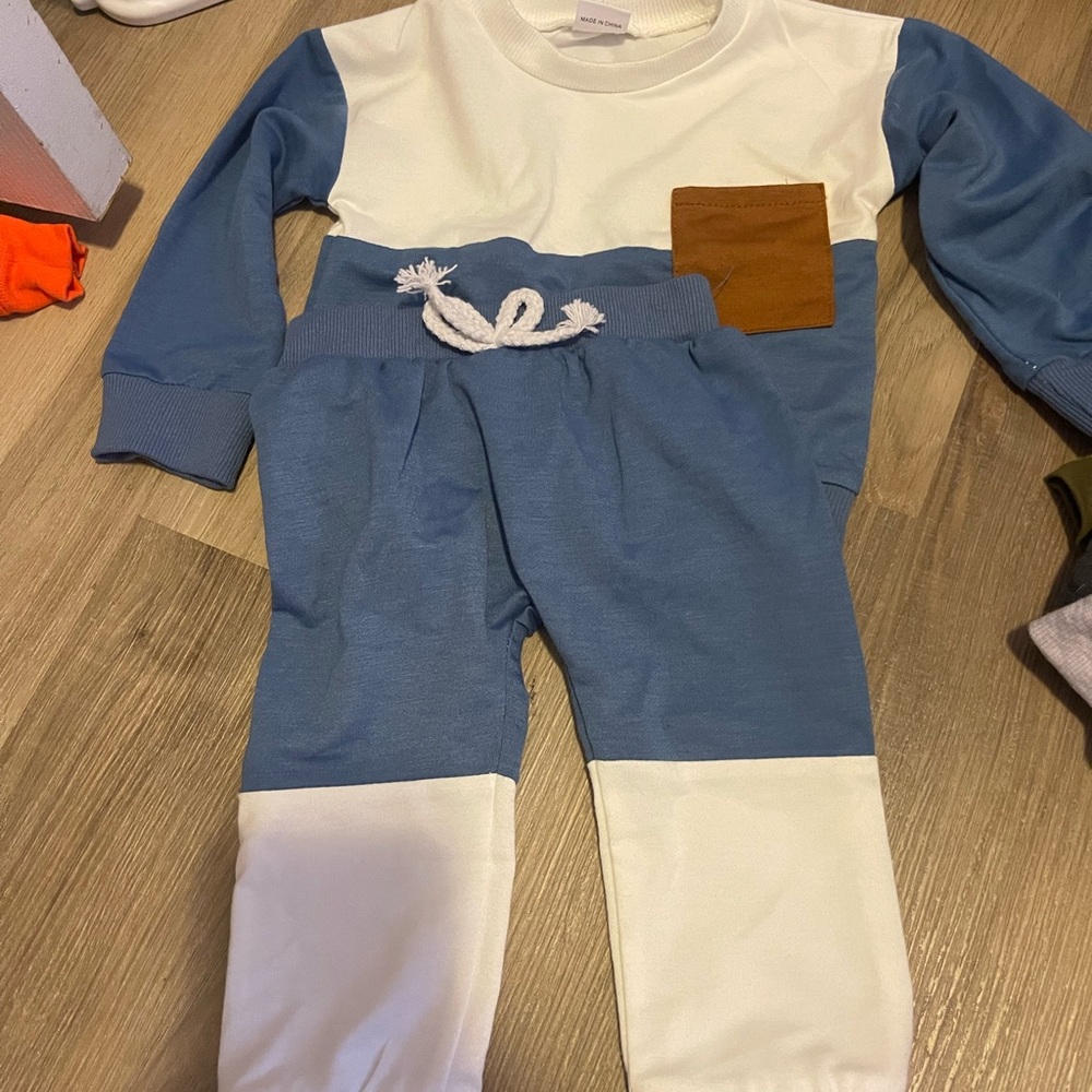 Blue and White Kids' Outfit with Brown Pocket